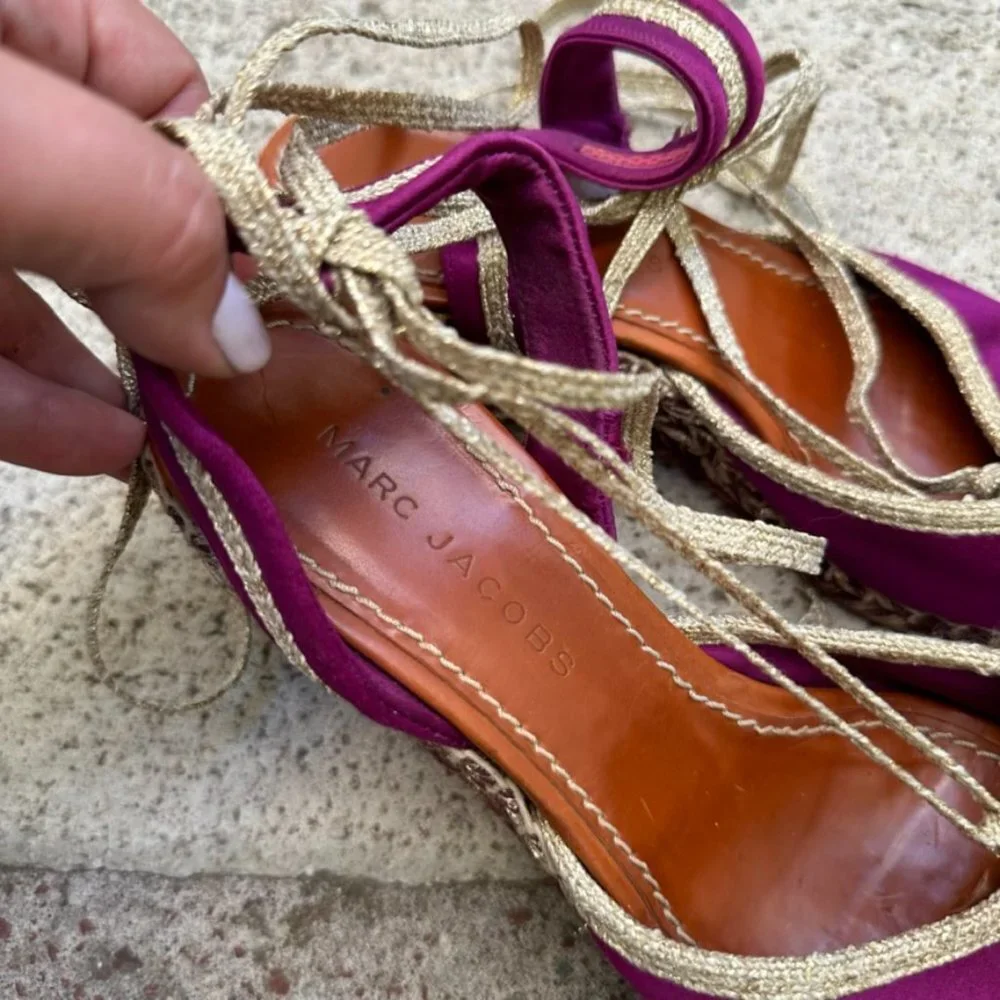 Marc Jacobs Women's Boho Purple Gold Peep Toe Espadrille Platform Shoes Size 37